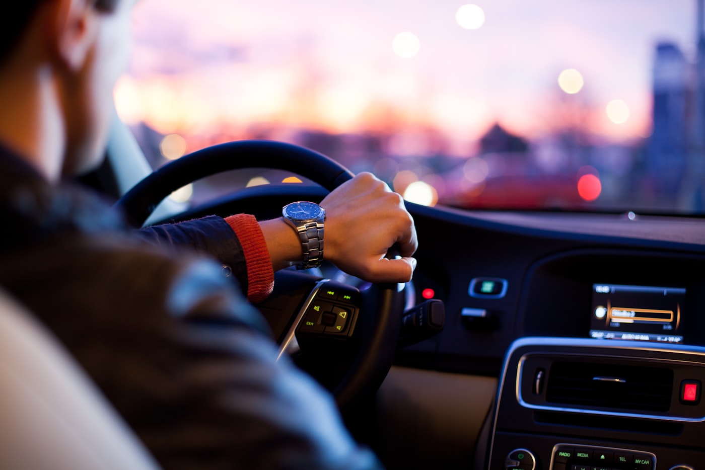 Driver heading out at sunset